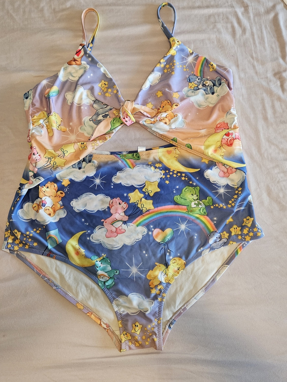 Modcloth Pastel Care Bears One-Piece Swimsuit — Blue, Pink, Yellow, Green